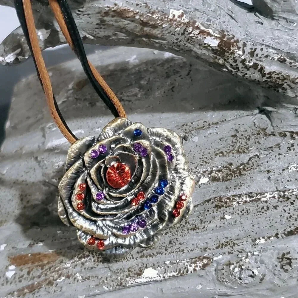 Rustic Antique Bronze Rhinestones Rose Flower Pendant Necklace Vegan Leather